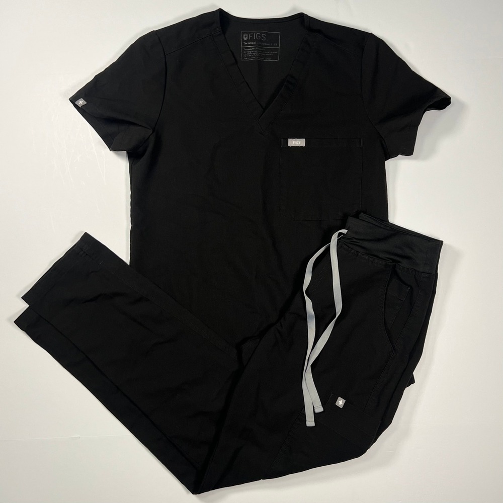 FIGS Scrub Set Women XS Black Technical Collection V-Neck Cargo Pants Medical
